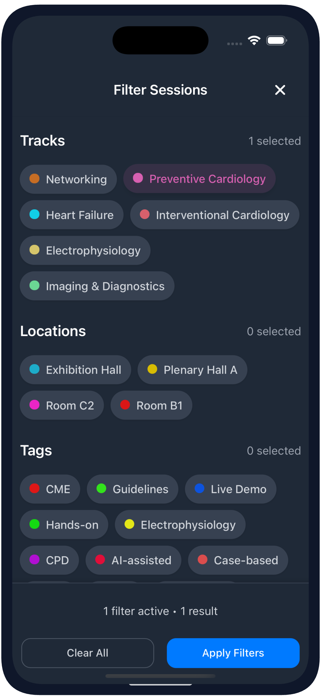 Filtering the schedule by track, location and tag in the Evendoro event app