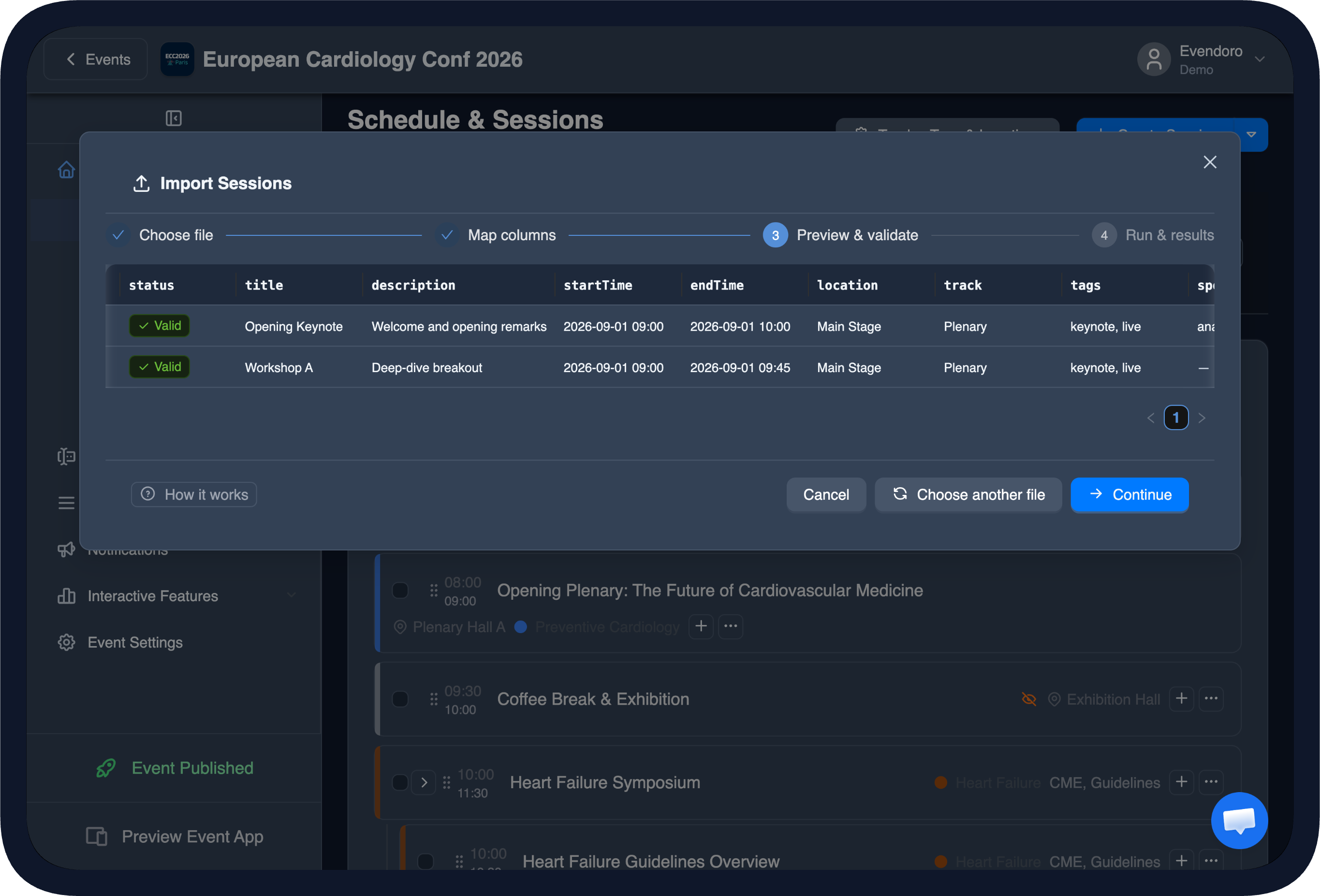 Importing a schedule from a spreadsheet with a preview and validation in the Evendoro CMS
