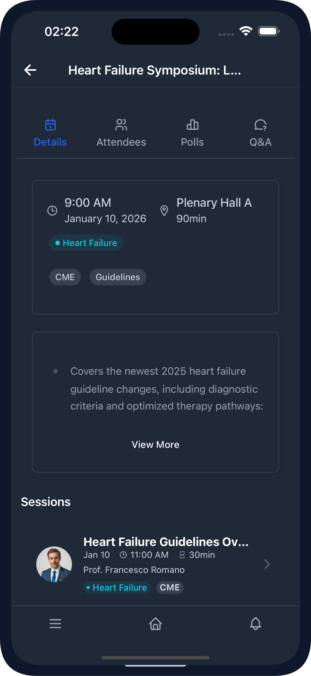 A session page with details, speakers, polls and Q&A in the Evendoro event app
