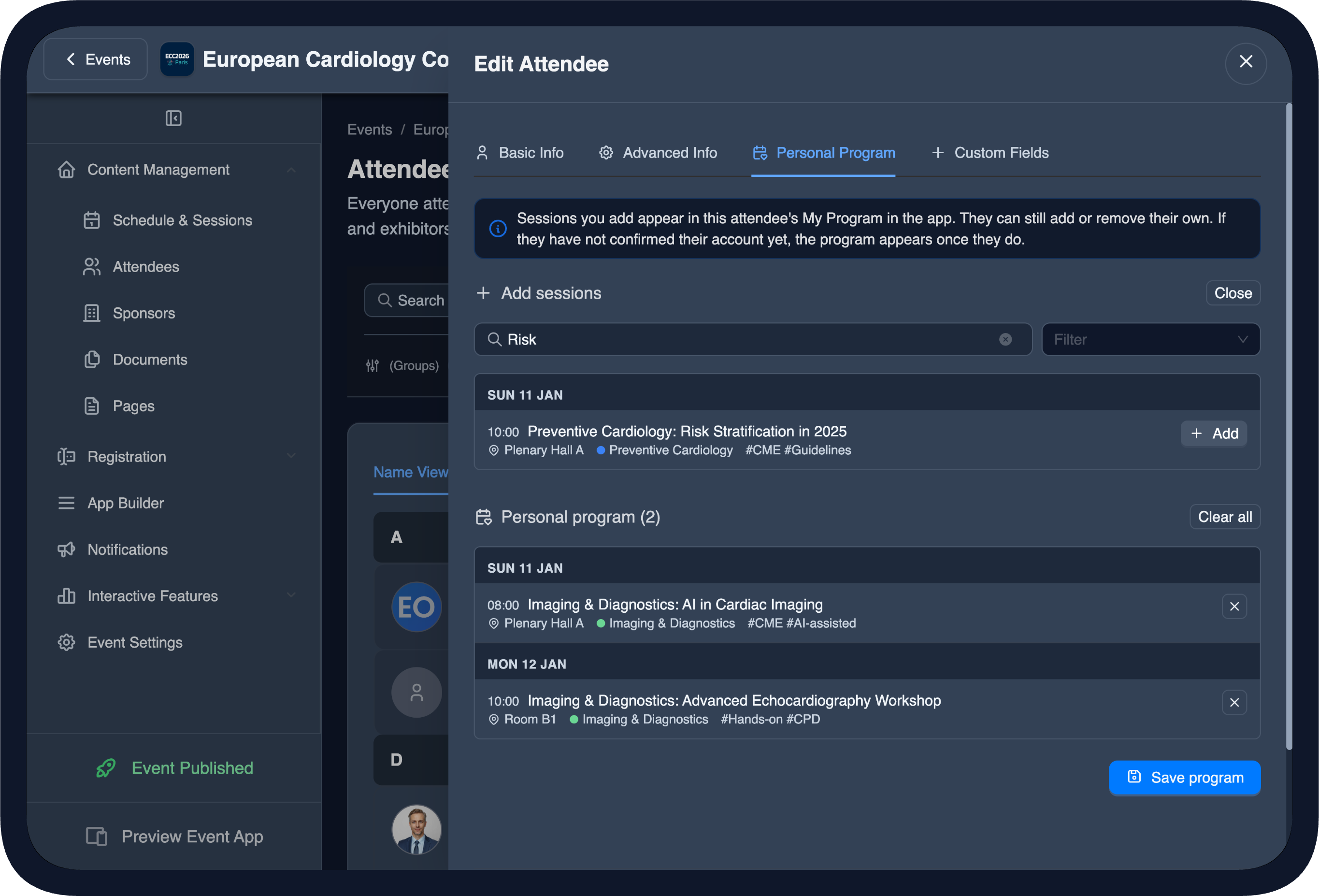 Setting an attendee's personal My Program from the Personal Program tab in the Evendoro CMS