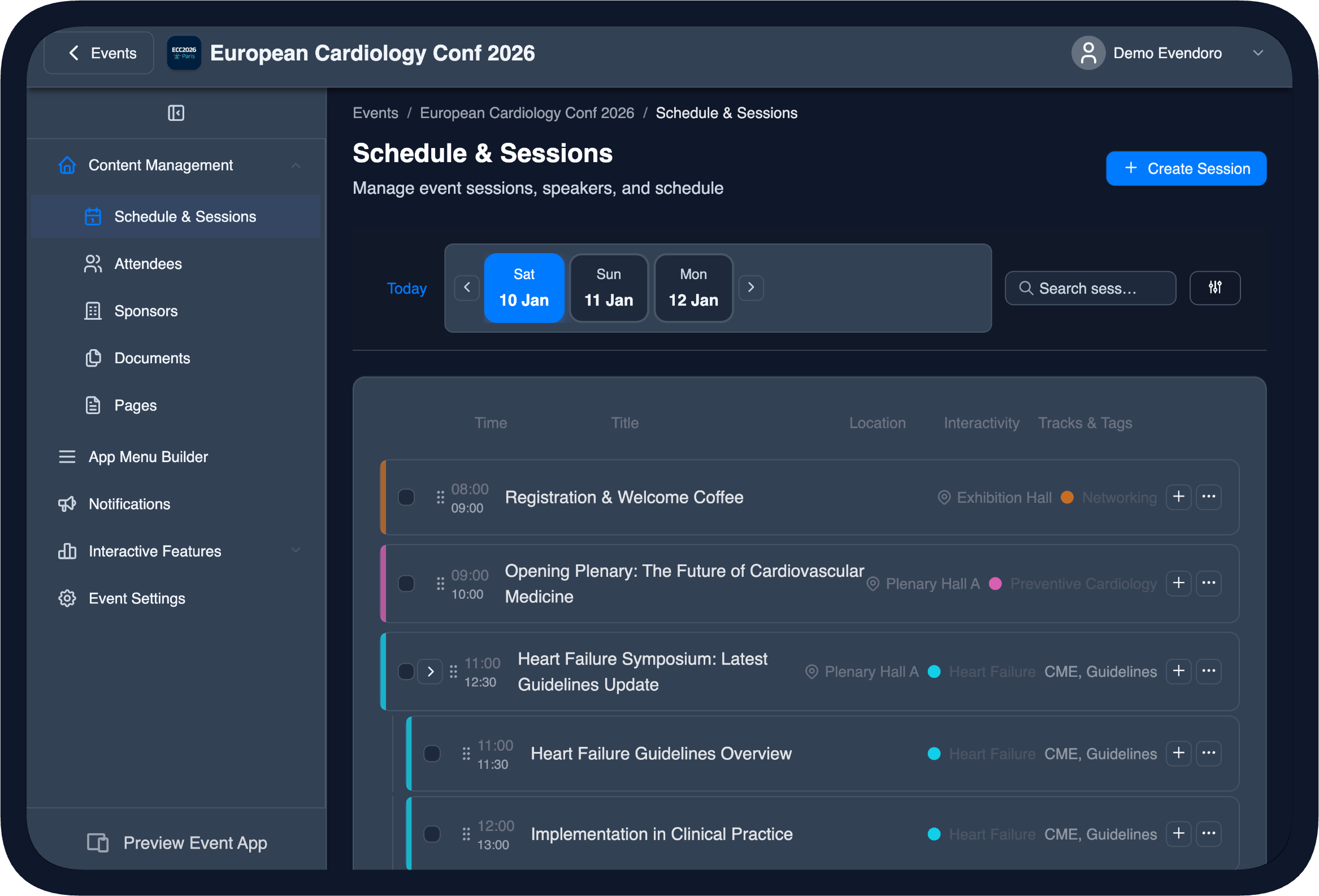 Building the schedule with sessions, tracks and speakers in the Evendoro CMS