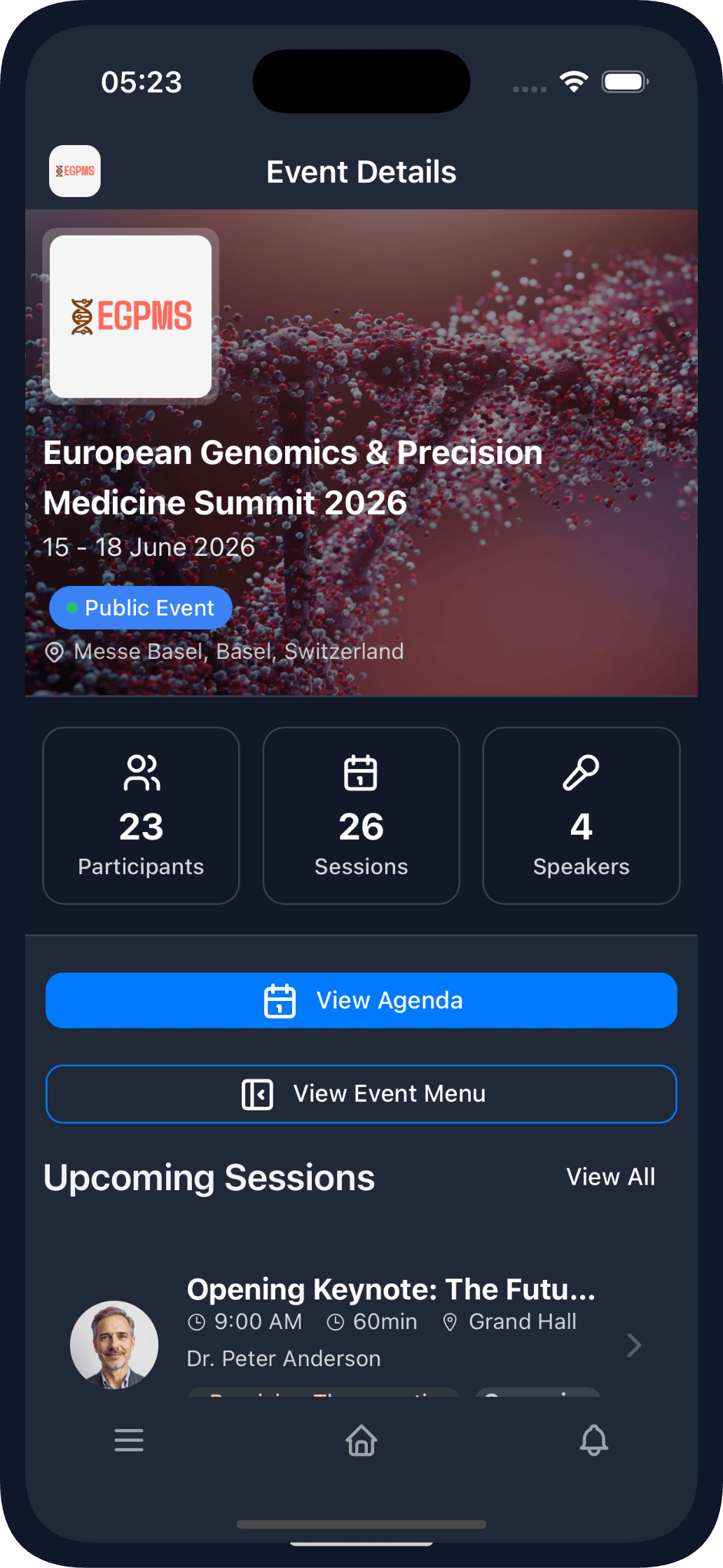Evendoro Event Home in the Mobile App