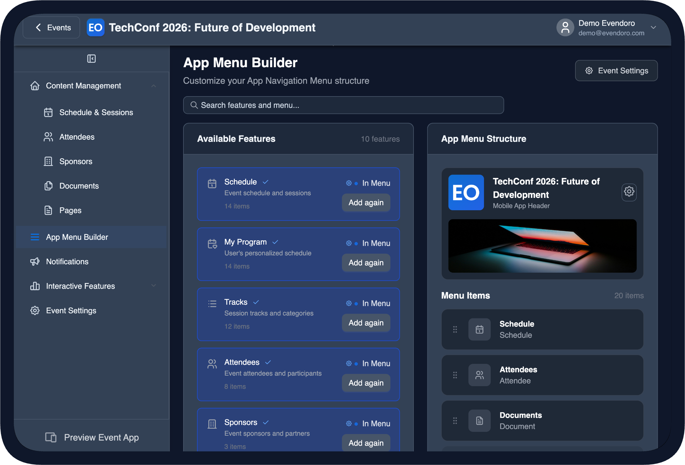 App Menu Builder in the CMS (dark theme)