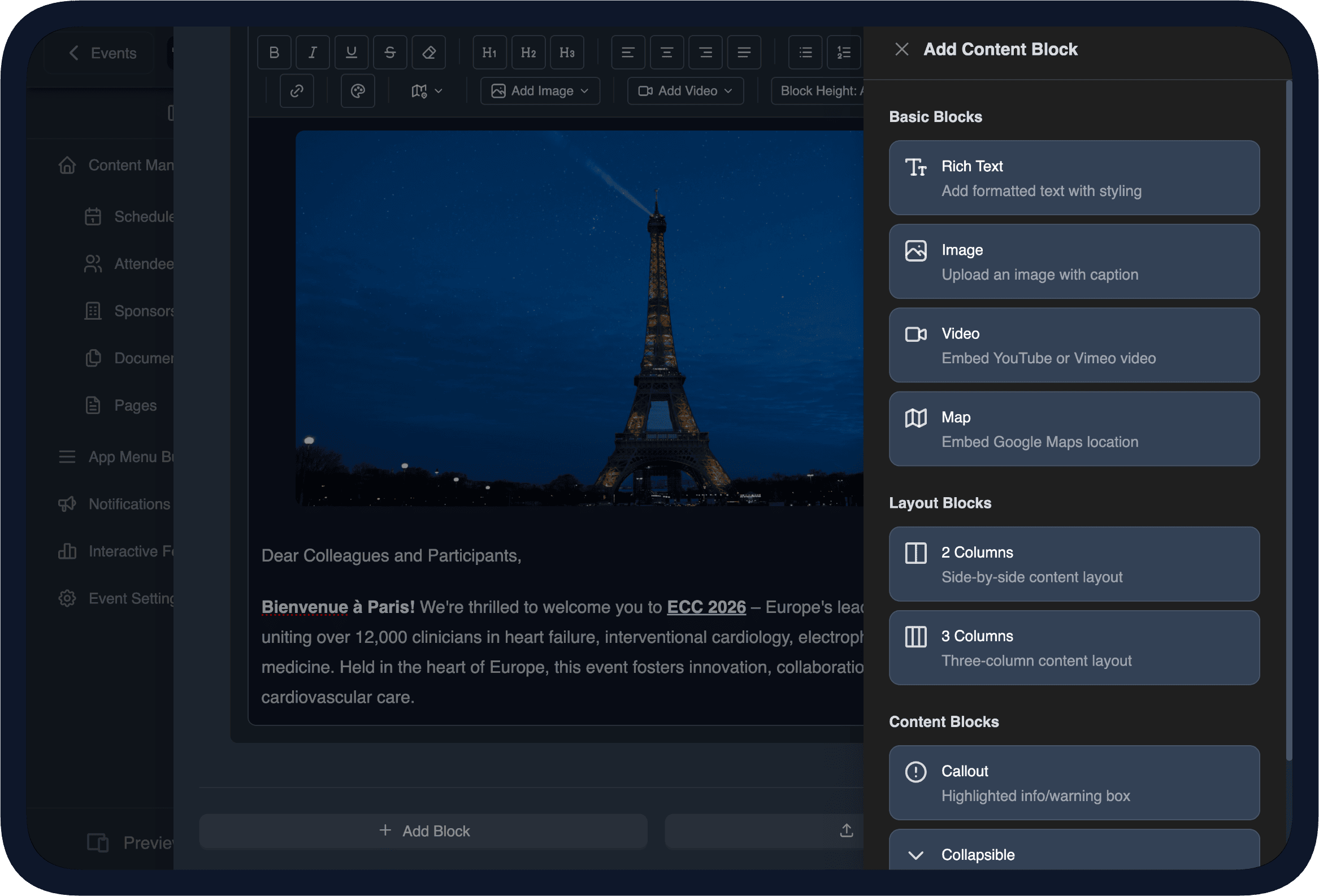 Page Blocks Management in the CMS (dark theme)