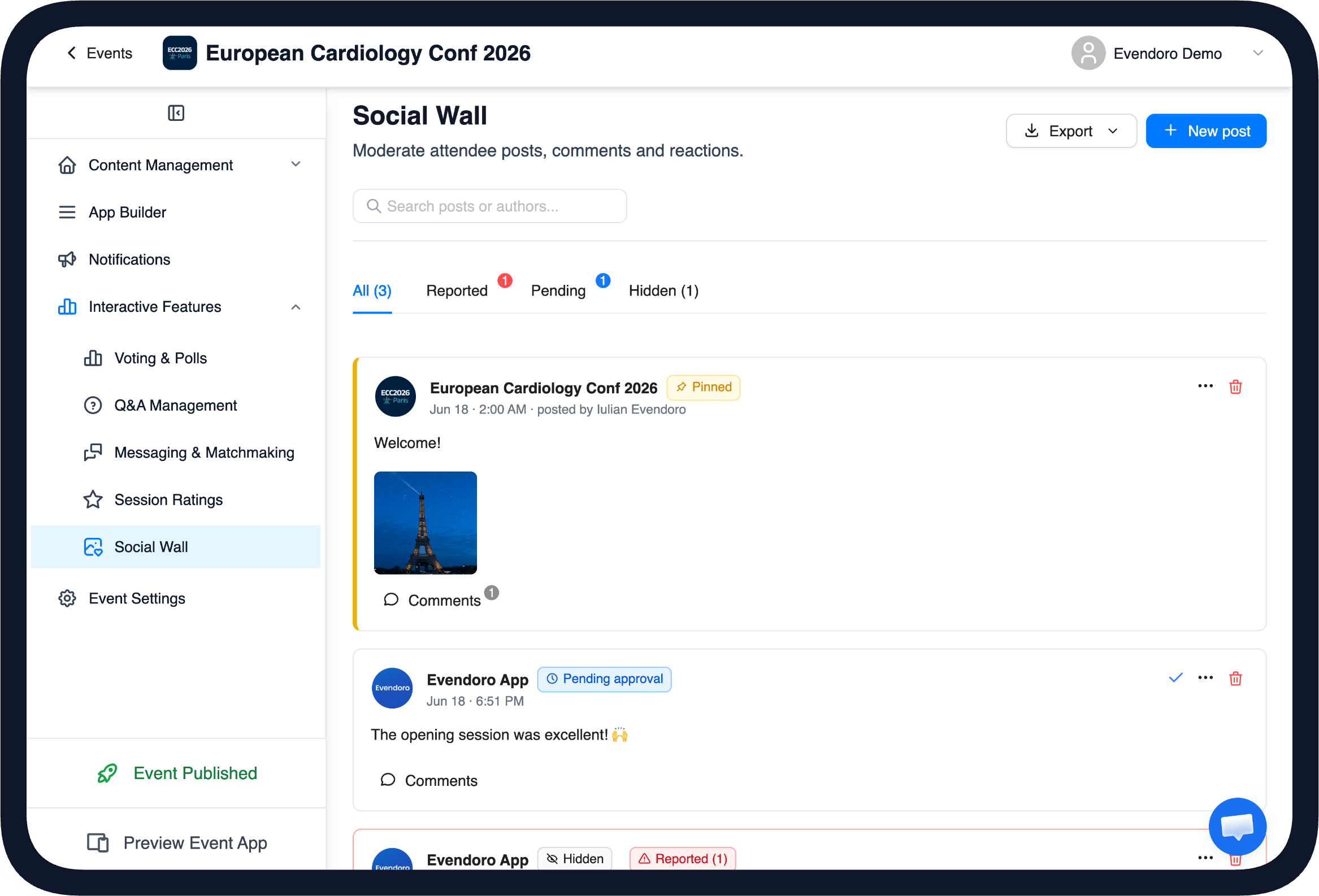 Social Wall moderation in the Evendoro CMS