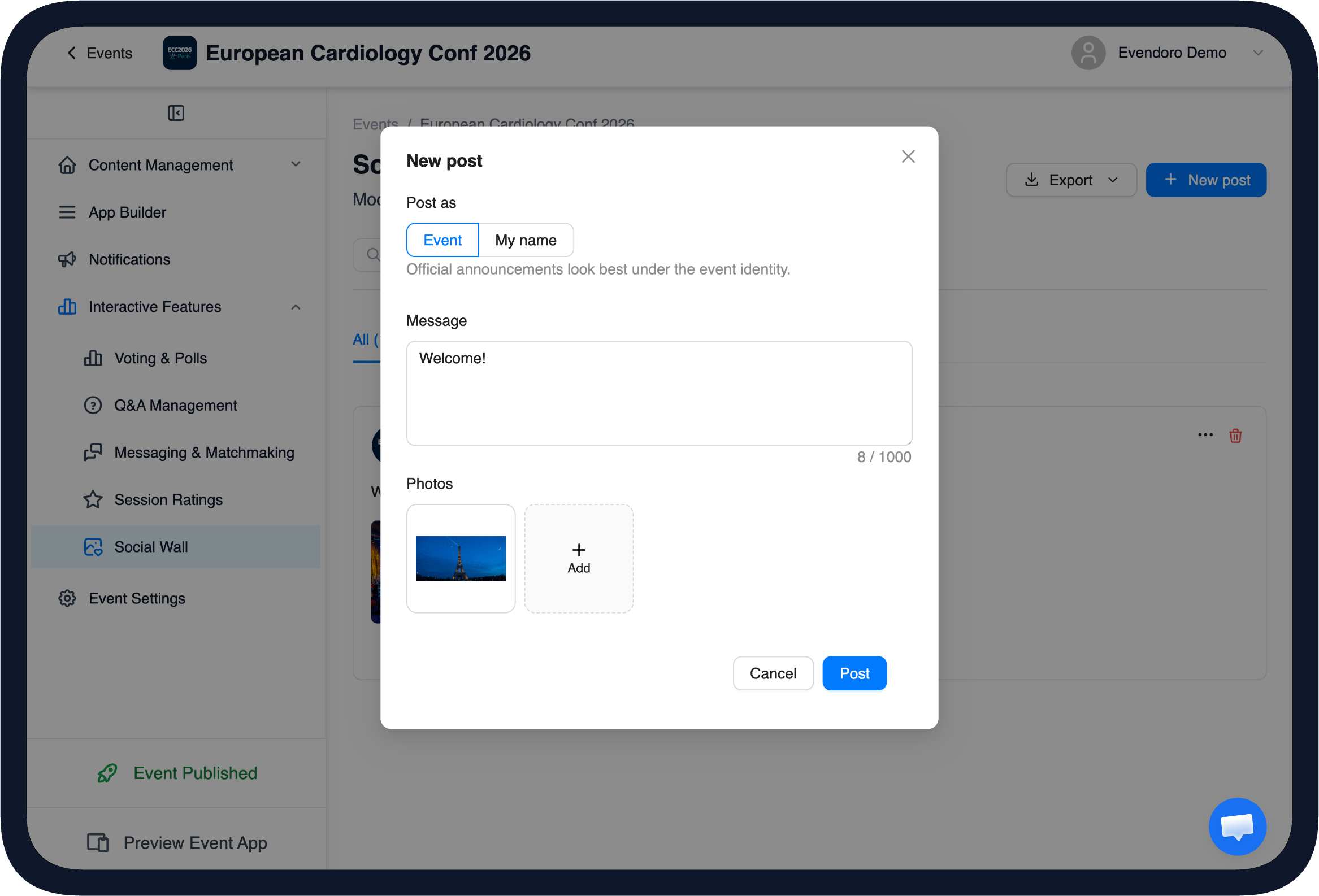 Creating a welcome post on the Social Wall from the Evendoro CMS