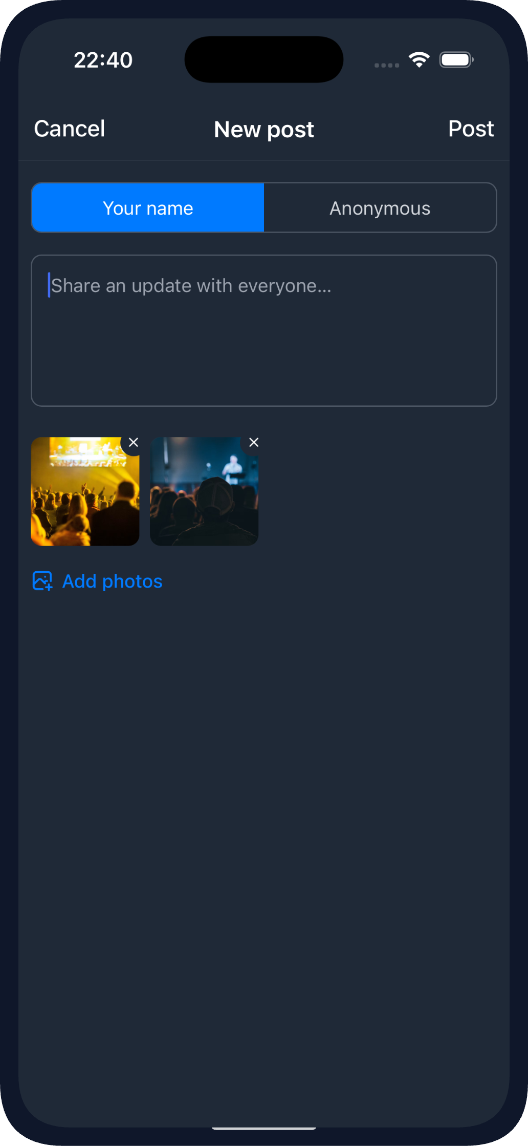 Creating a Social Wall Post in the Mobile App (dark theme)