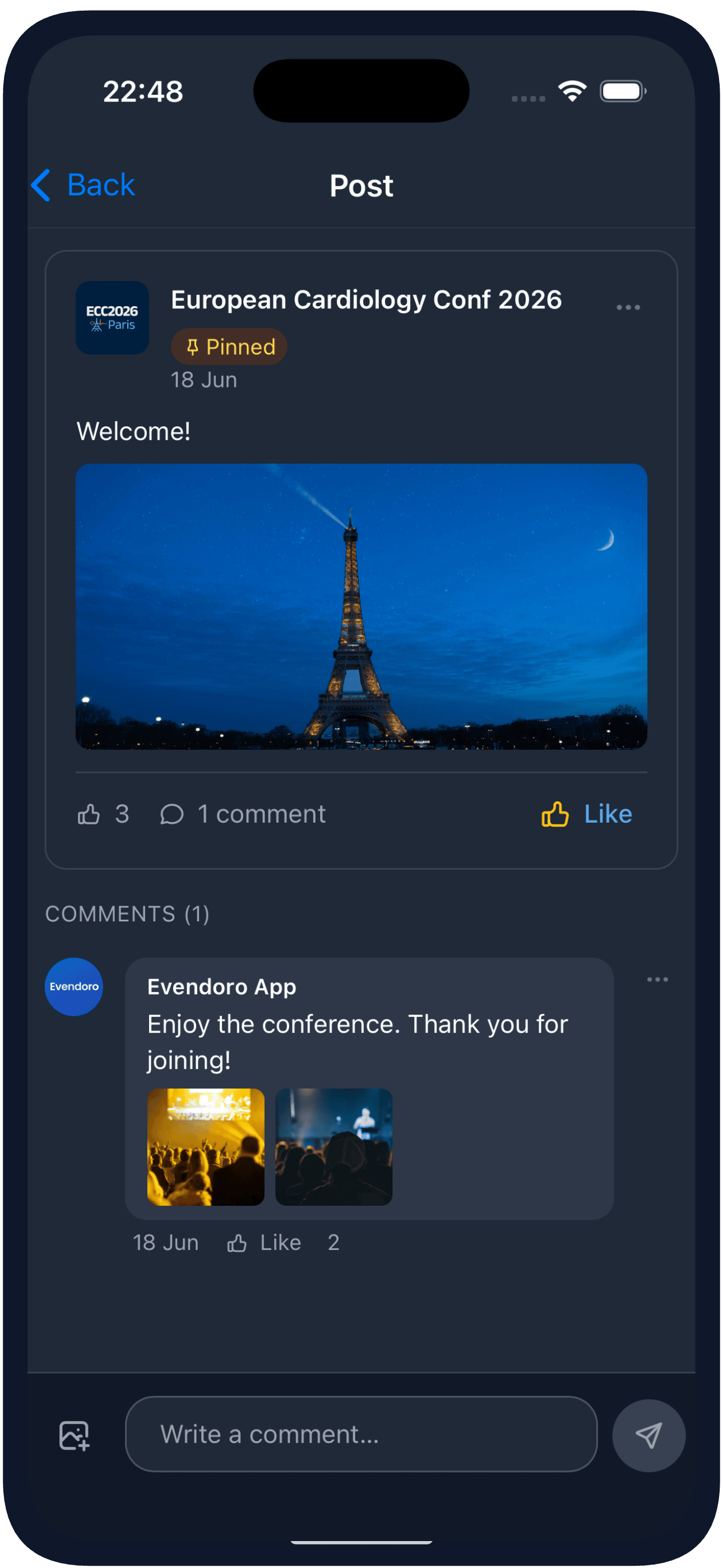 A Social Wall Post with Comments in the Mobile App (dark theme)