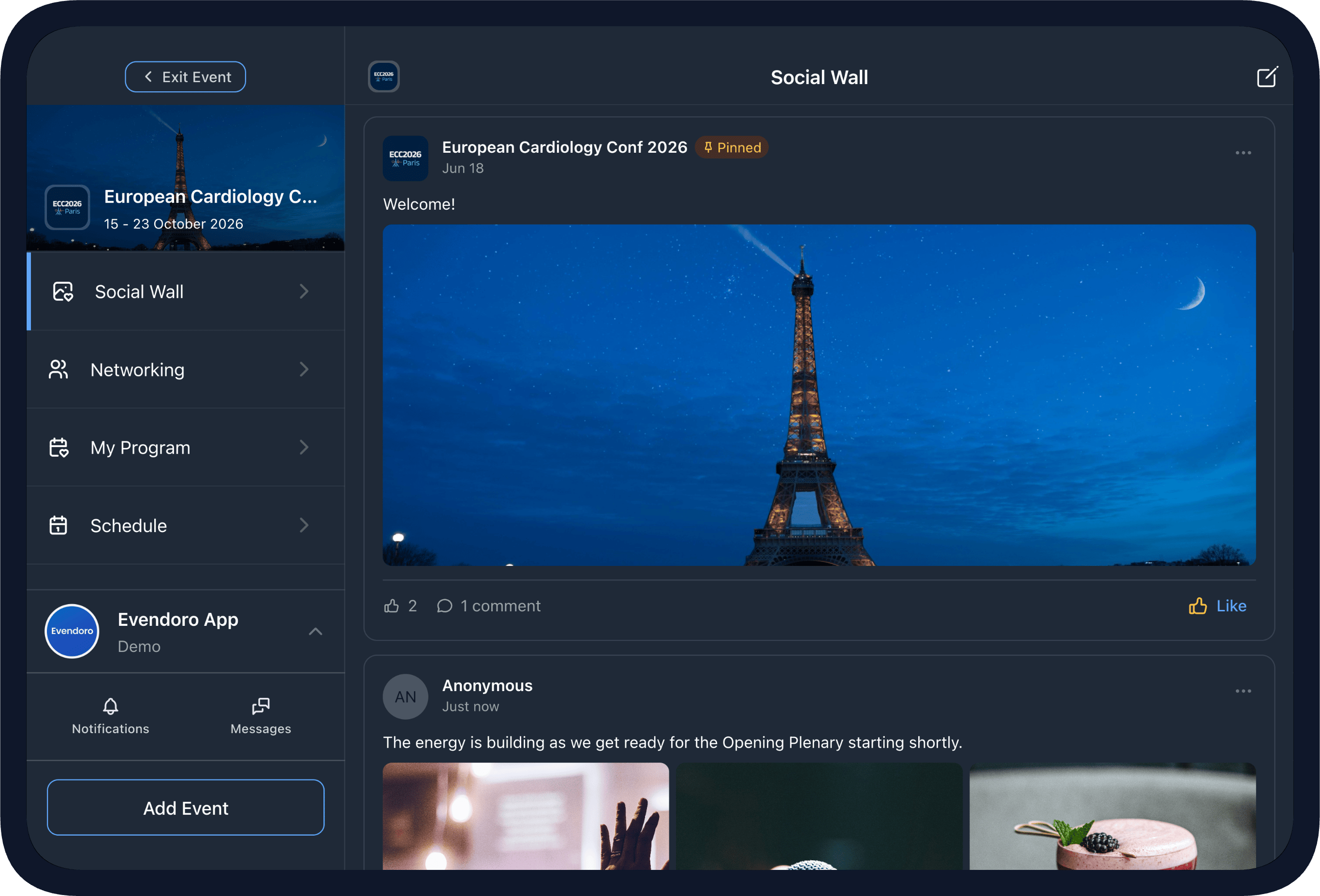 Social Wall in the Evendoro event app on a tablet - attendee photos, posts, reactions and comments