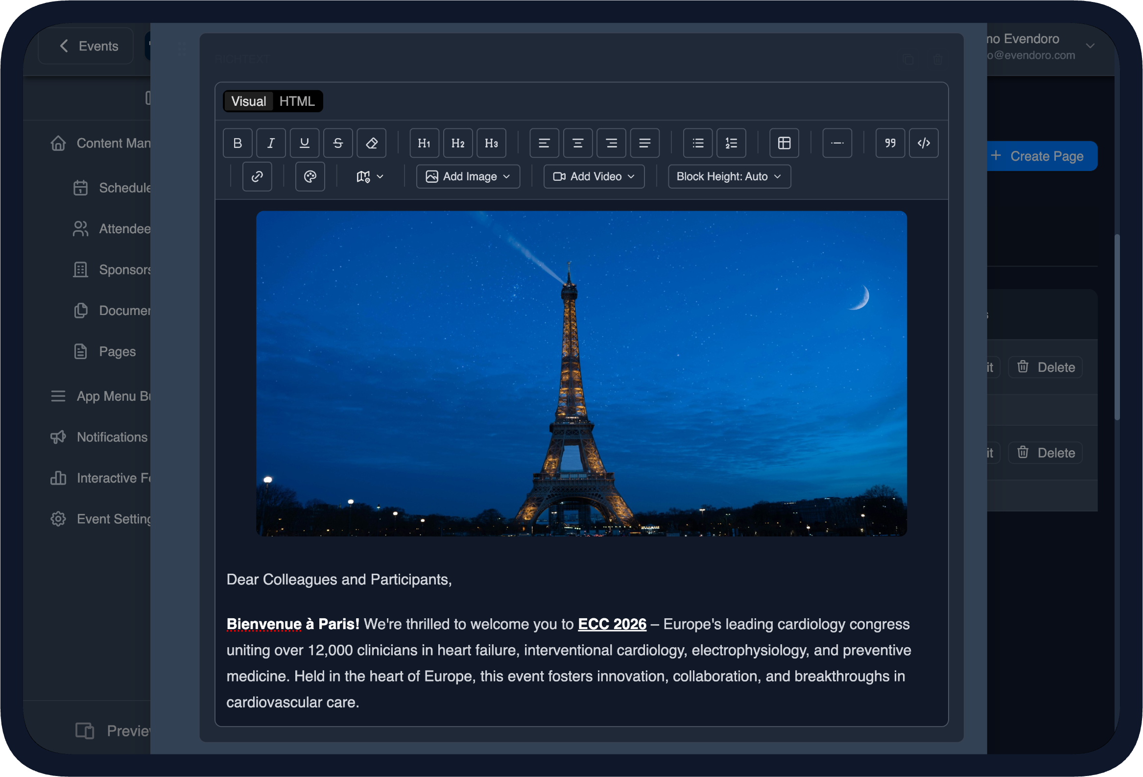 Pages Management in the CMS (dark theme)